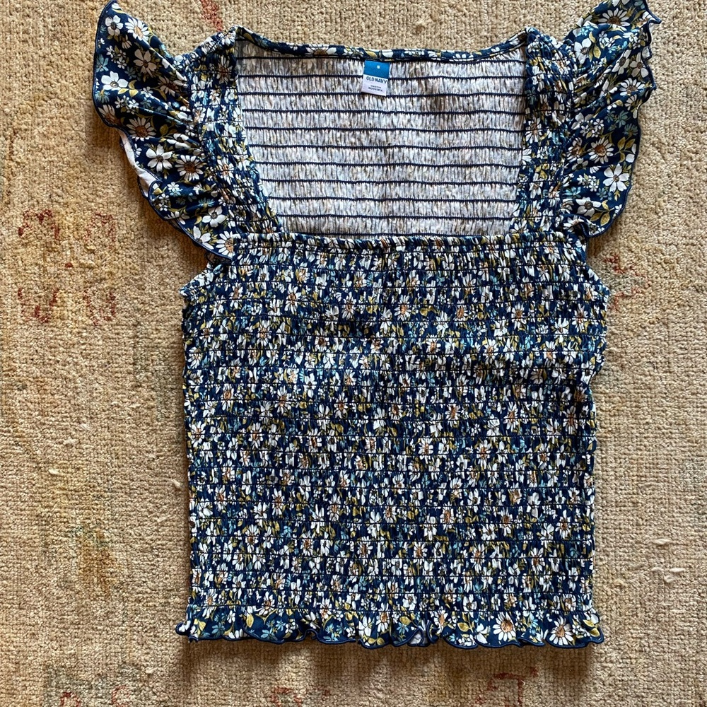 Old Navy Floral Smocked Blouse - Navy and White